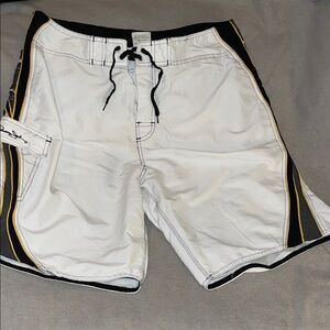 Panama Jack White and Black Board Shorts with Yellow and Plaid Accents